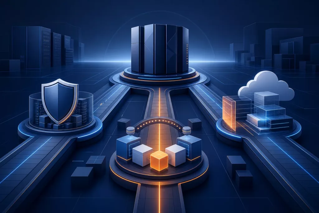 Illustration des trois trajectoires possibles pour un patrimoine COBOL : maintenance, modernisation et migration